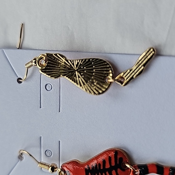 Cat Earrings Dangle with Gold metal Orange and Black Stripes - Picture 3 of 5